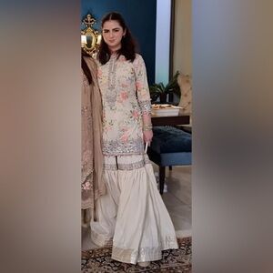 Maria B Cream Dress with Colorful Floral Embroidery Suit